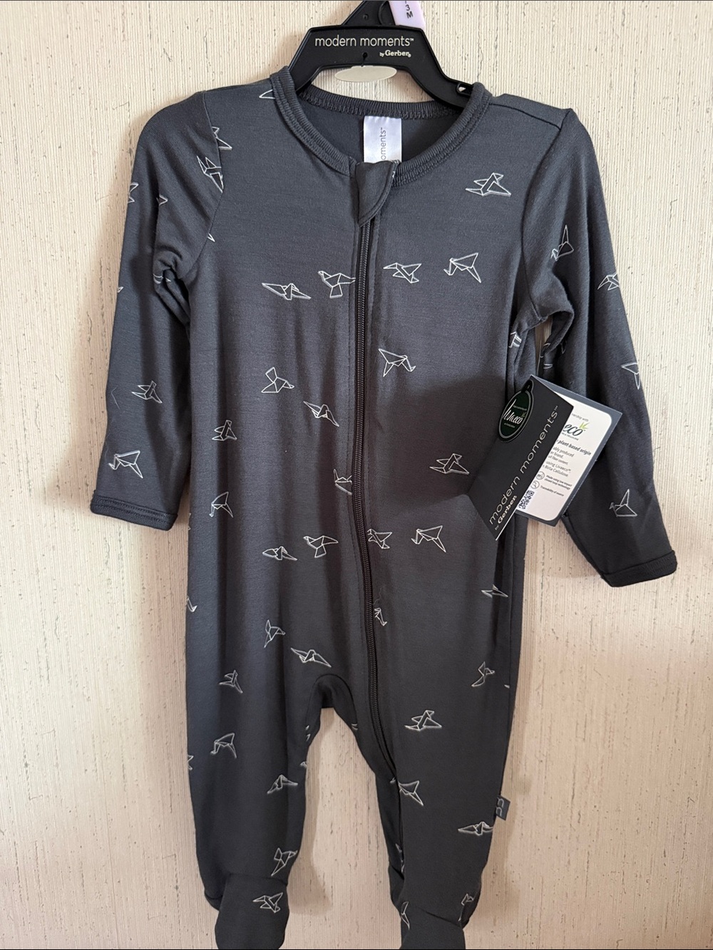 Gray Origami Bird Zip One-Piece for baby